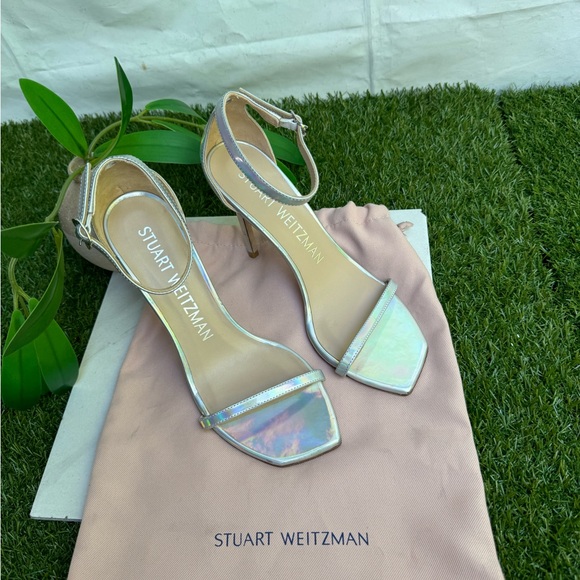 Stuart Weitzman Nudistcurve iridescent Silver Patent leather Ankle strap size 8 - Picture 12 of 15